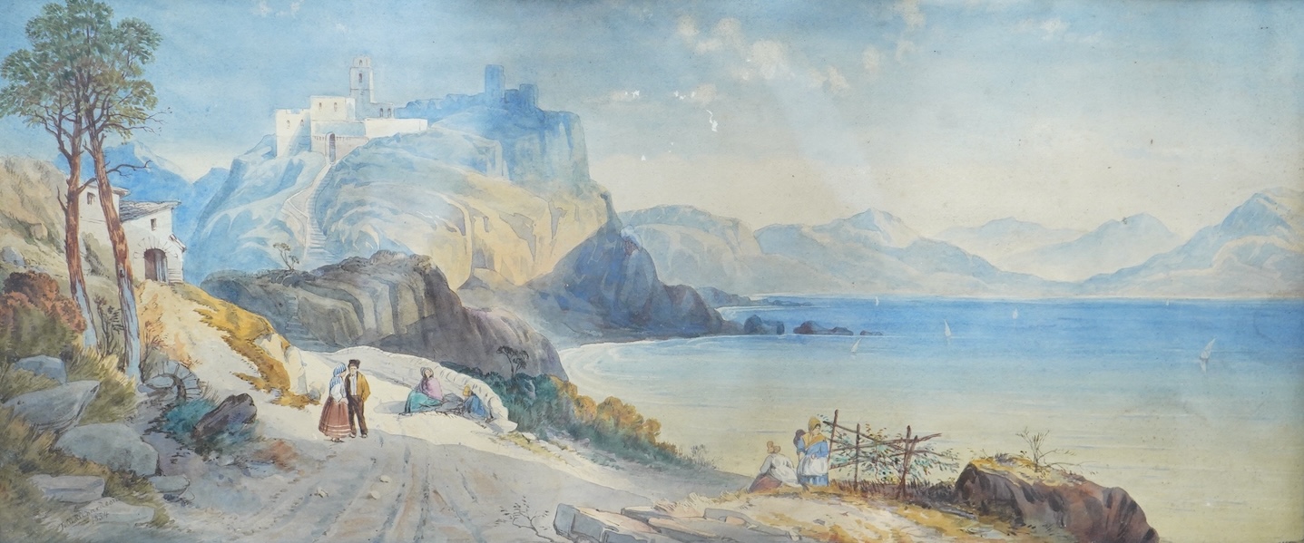 Manner of Thomas Miles Richardson (1784-1848), Mediterranean coastal view, dated 1854, watercolour, 24 x 55cm